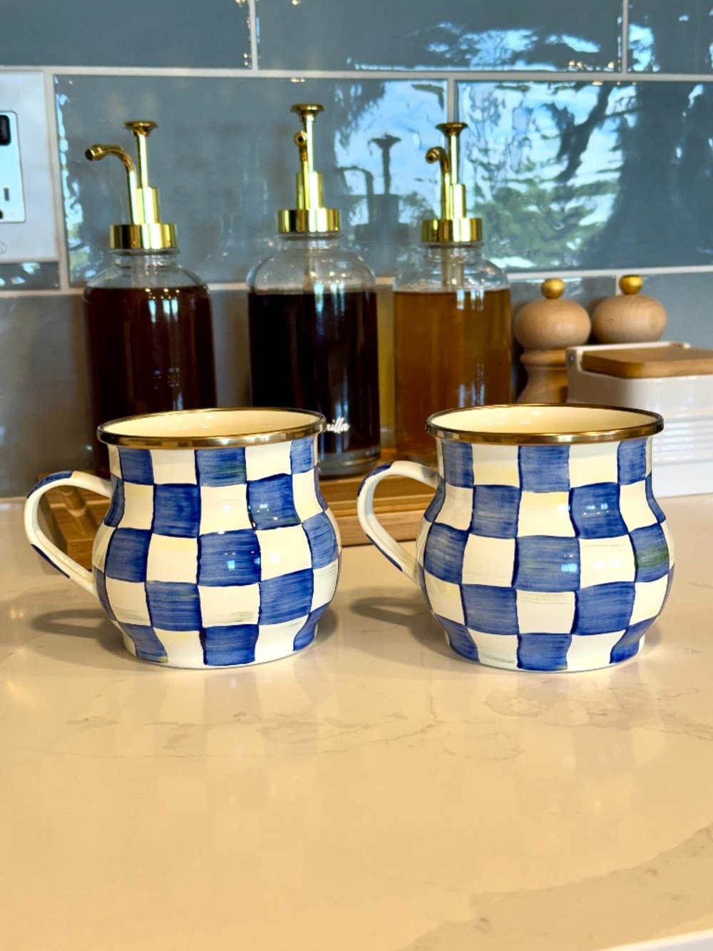 Pair of Mackenzie Childs Royal Check Mugs